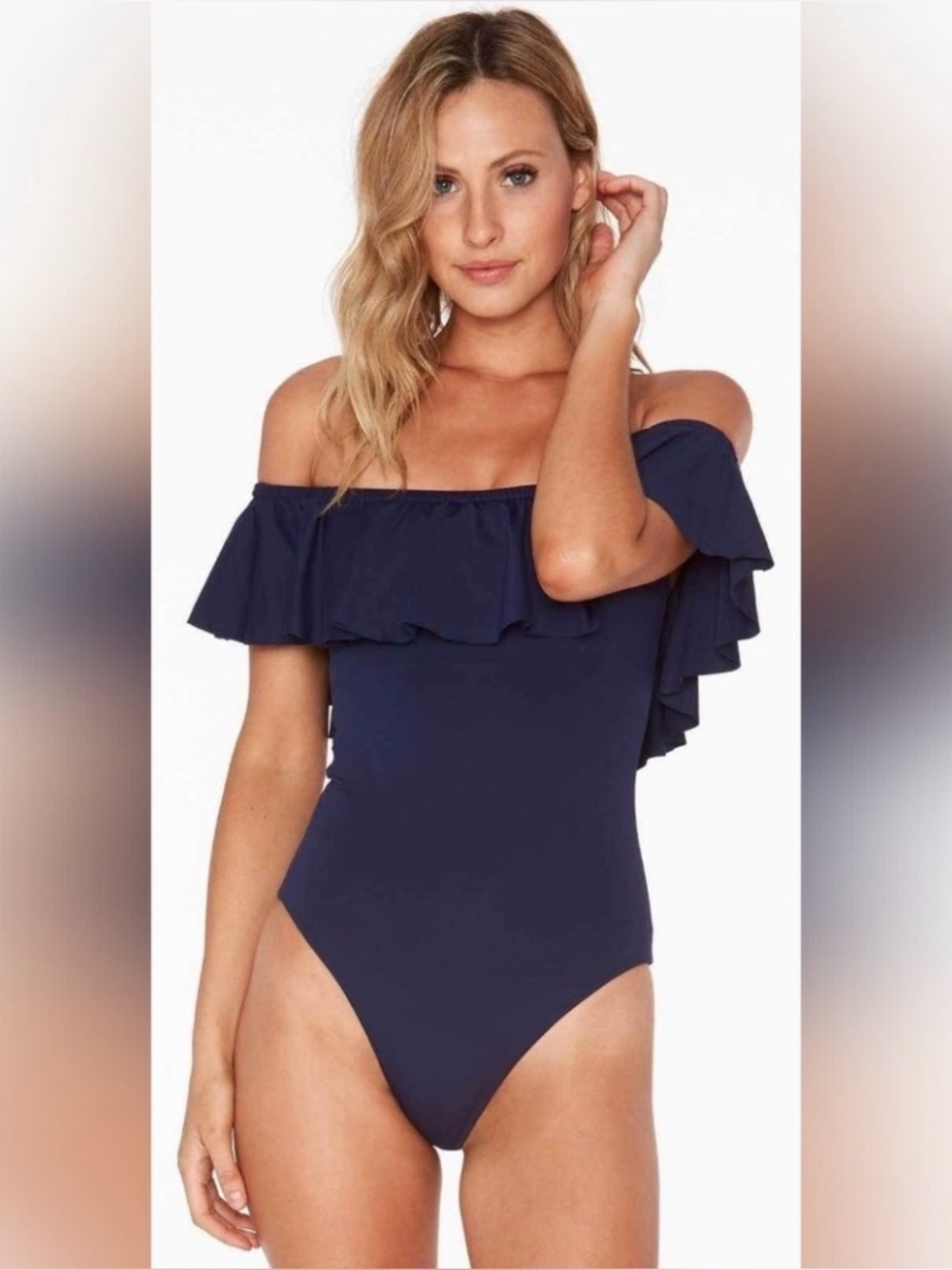 NWT - BURU Off-Shoulder Ruffle One-Piece Swimsuit - Navy, Medium - Picture 1 of 4